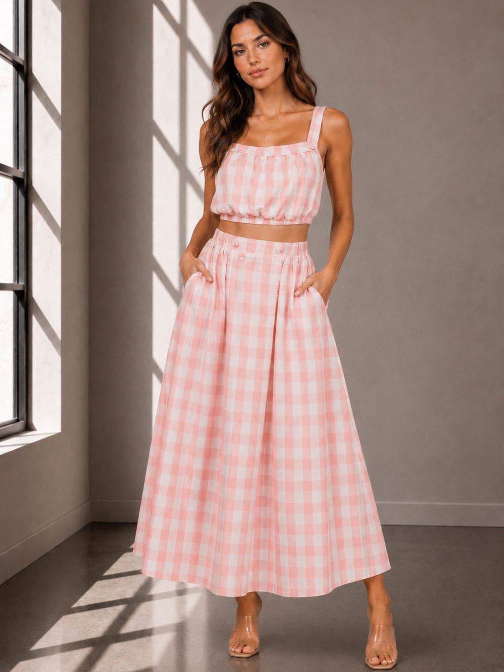 469. Pink Picnic Gingham two piece skirt Set